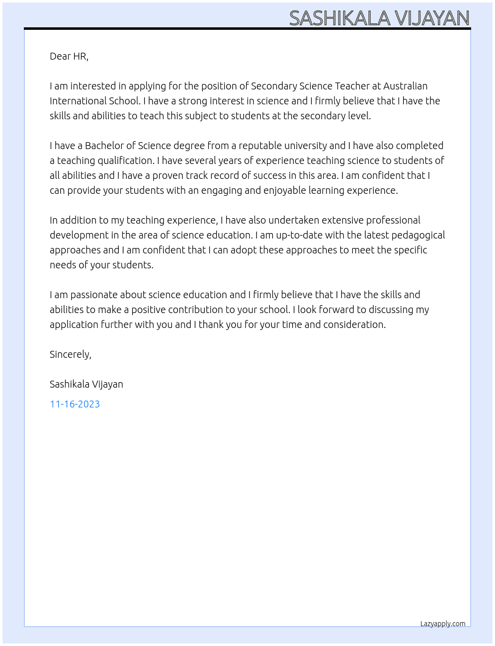 Secondary Science Teacher  At Australian International School  Cover Letter