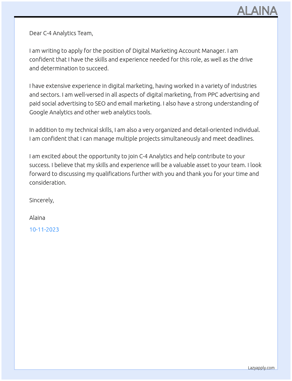 Digital Marketing Account Manager At C-4 Analytics Cover Letter