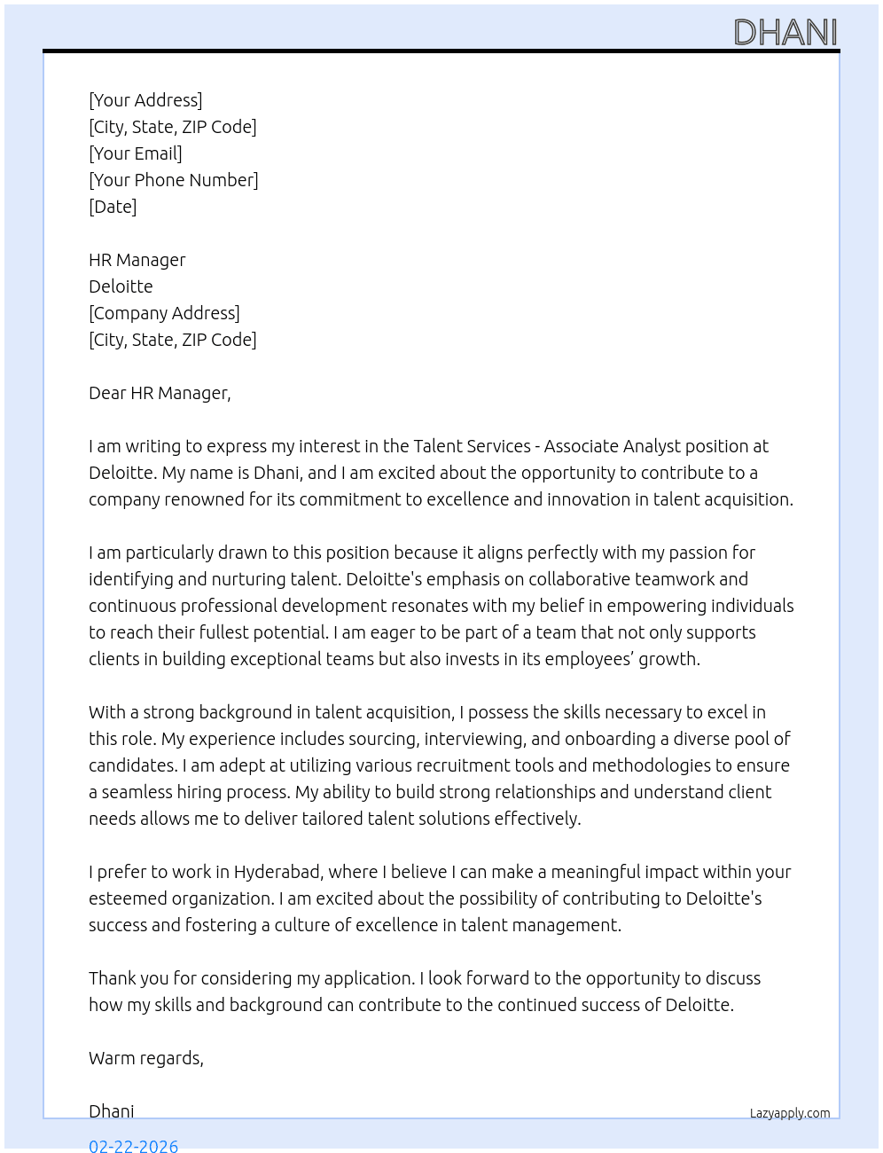 Cover letter for talent services-associate analyst - LazyApply