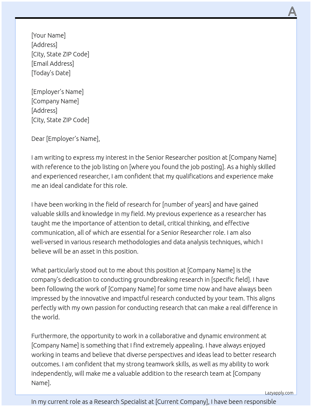 Senior researcher  At d Cover Letter