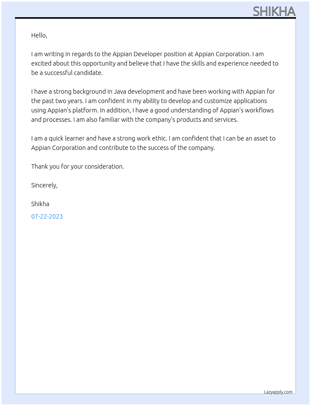 Appian Developer At Appian Corporation Cover Letter