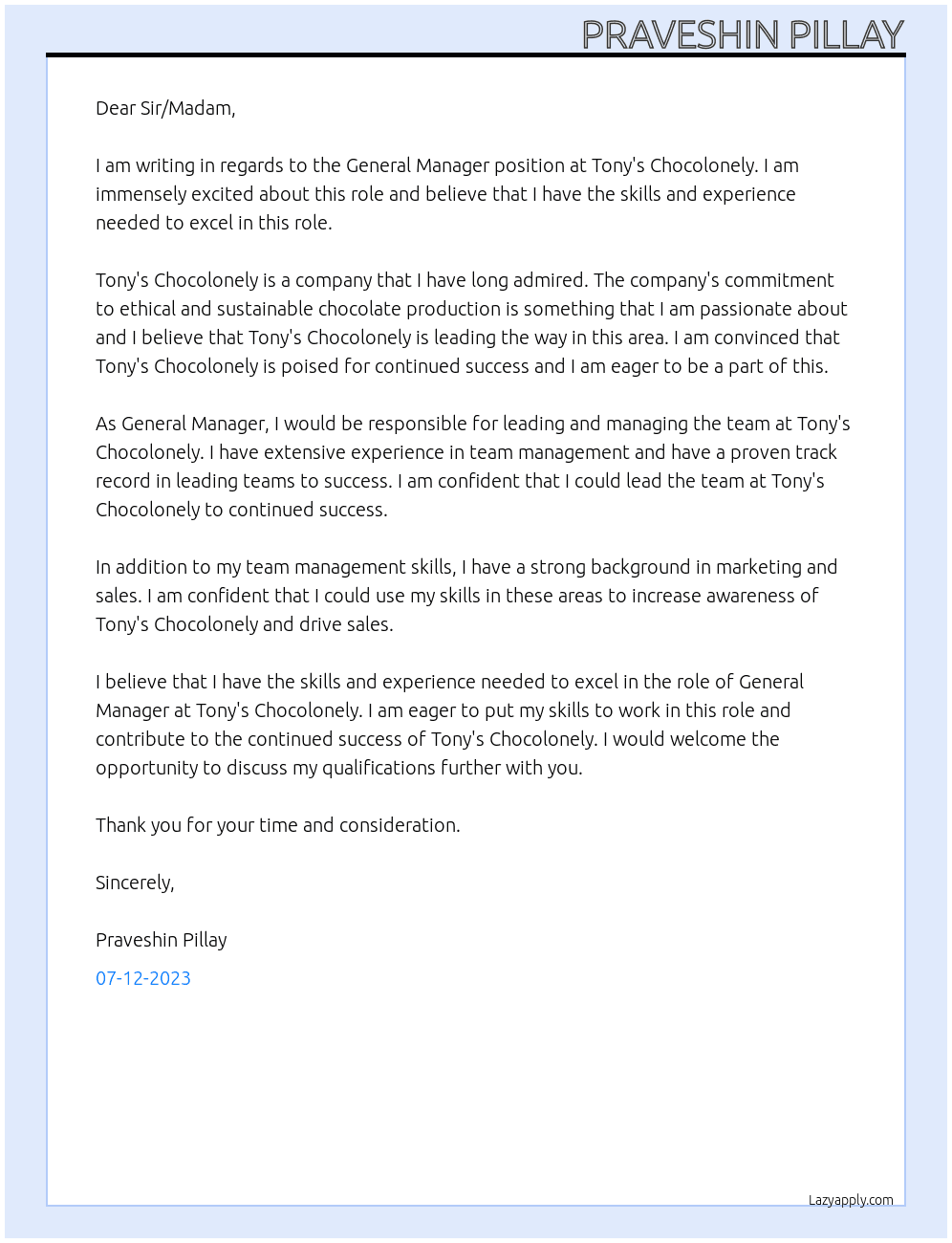 General Manager At Tony's Chocolonely Cover Letter