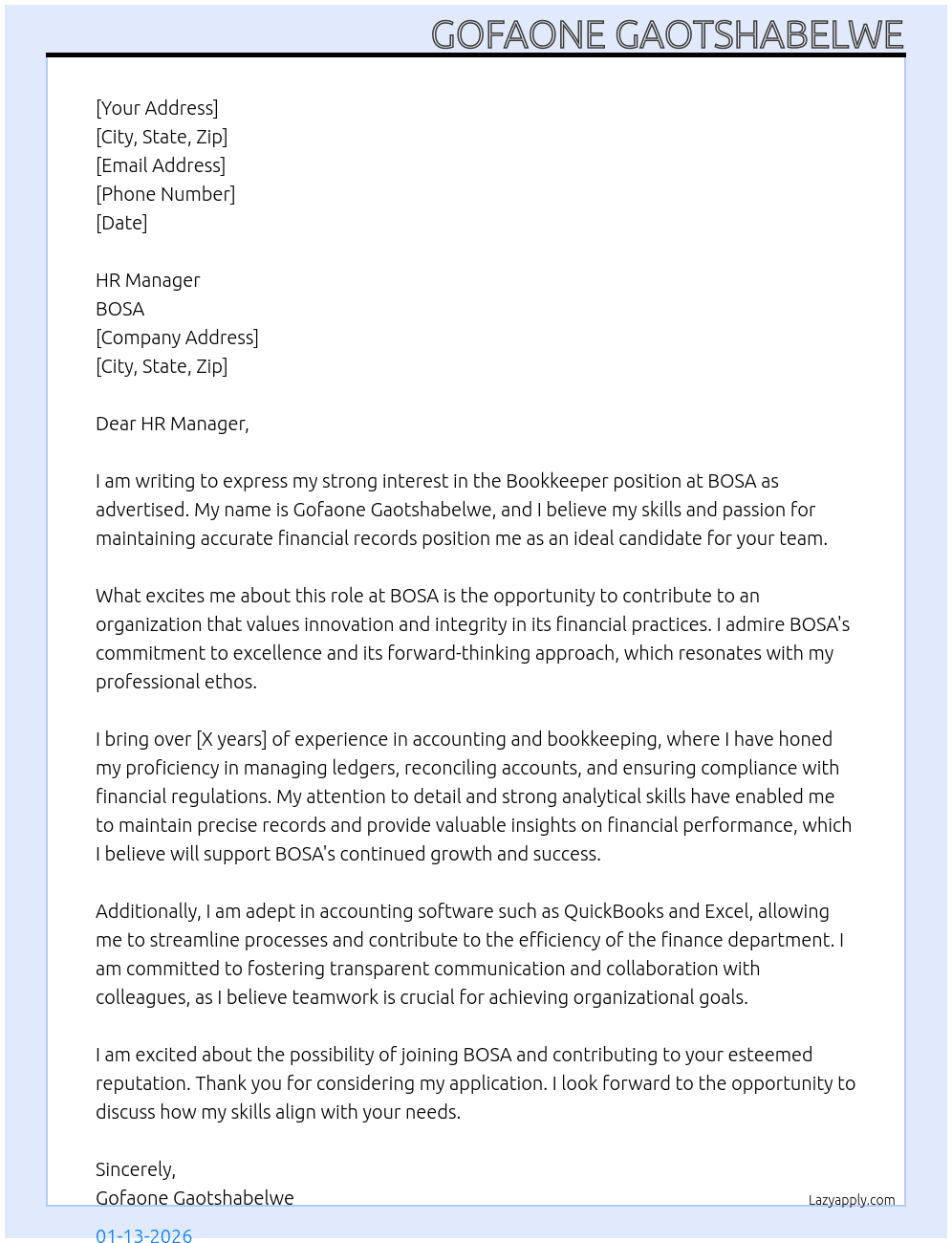 Bookkeeper At BOSA Cover Letter