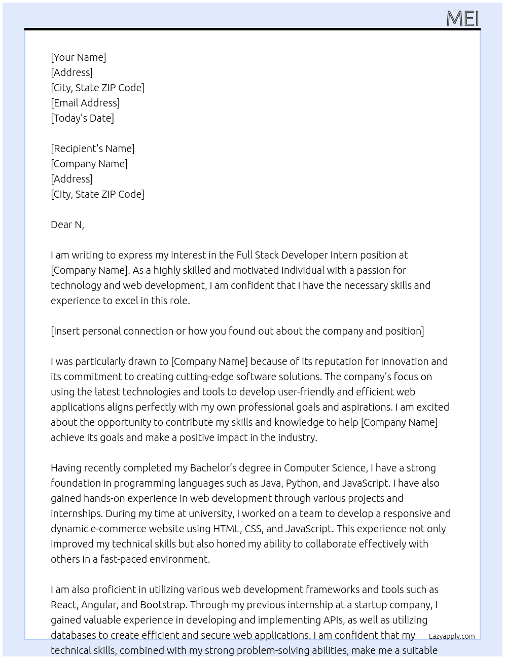 Full Stack Developer Intern At NONE Cover Letter
