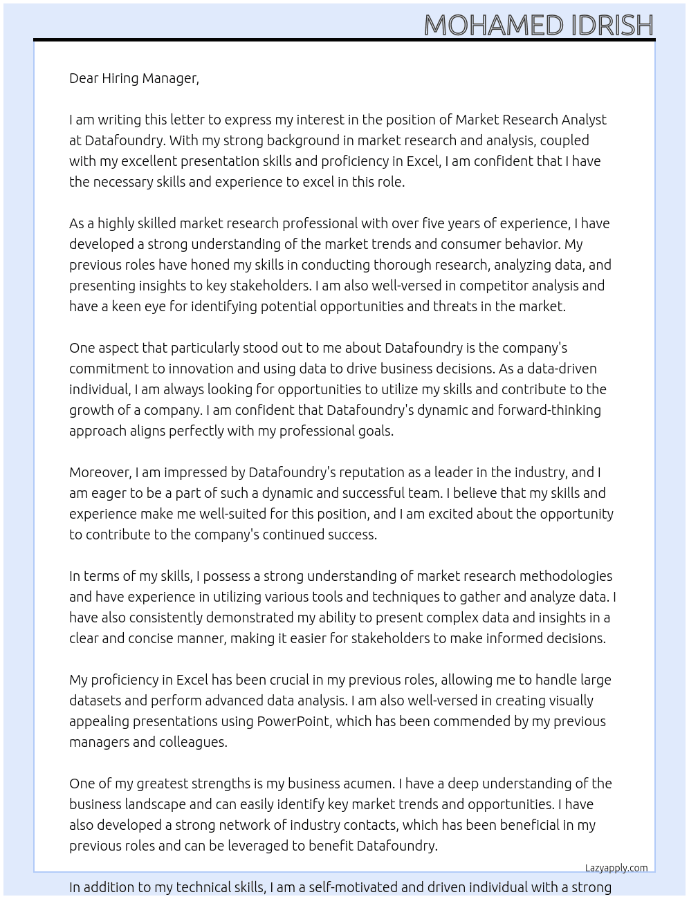 Market Research Analyst At Datafoundry Cover Letter