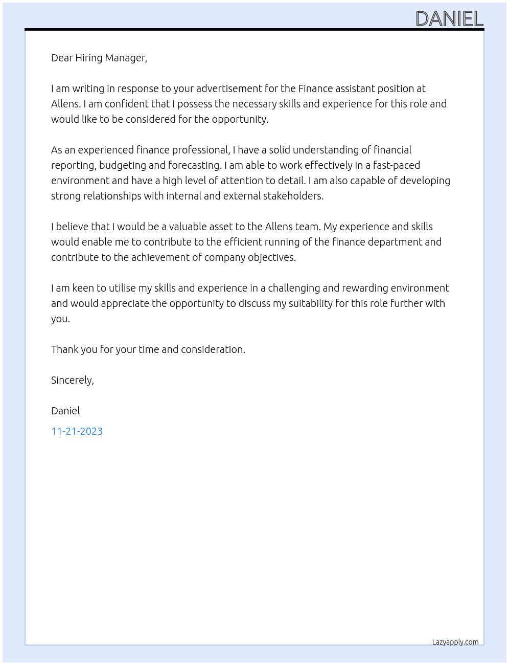 Finance assistant At Allens Cover Letter