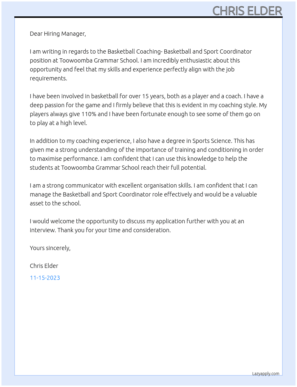 Basketball Coaching- Basketball and Sport Coordinator At Toowoomba Grammar School Cover Letter