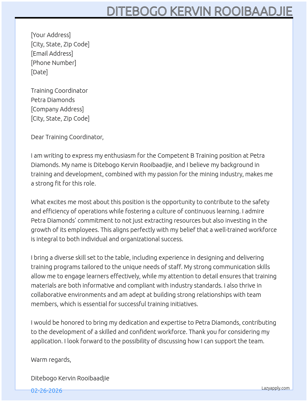 Competent B TRAINING At Petra Diamonds Cover Letter