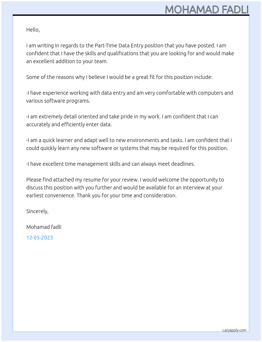 Part-Time Data Entry copy paste At worlwide  Cover Letter