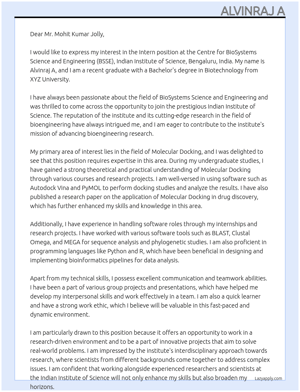 Intern At Indian Institute of Science, Bengaluru, India 560012 Cover Letter