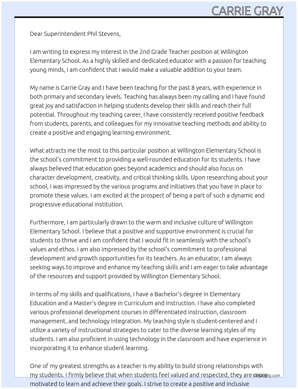 2nd Grade Teacher At Willington Elementary School Cover Letter