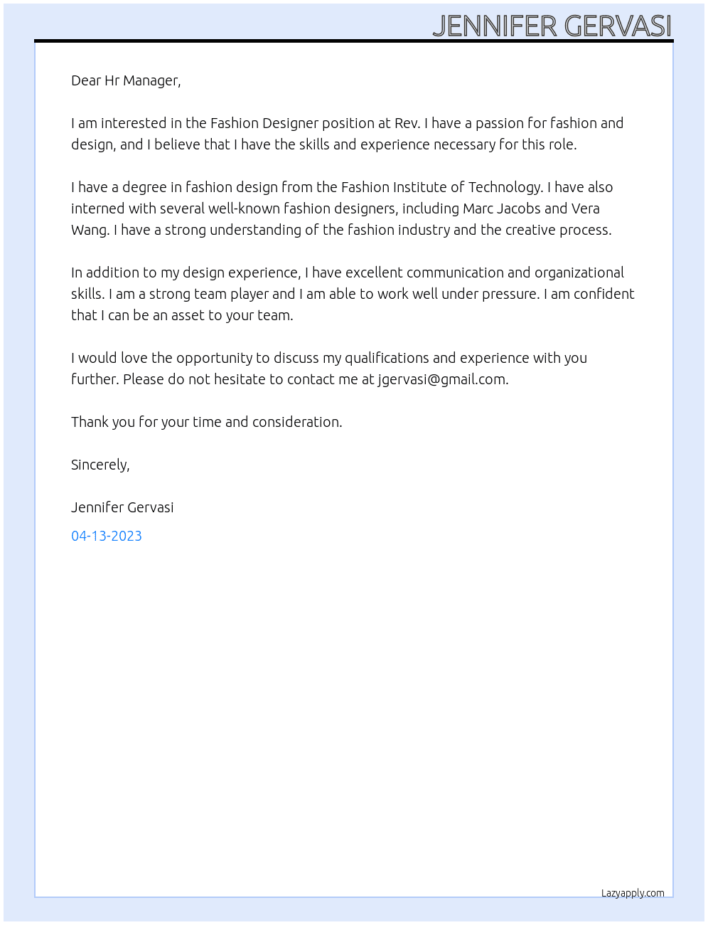 Fashion Designer At Rev Cover Letter