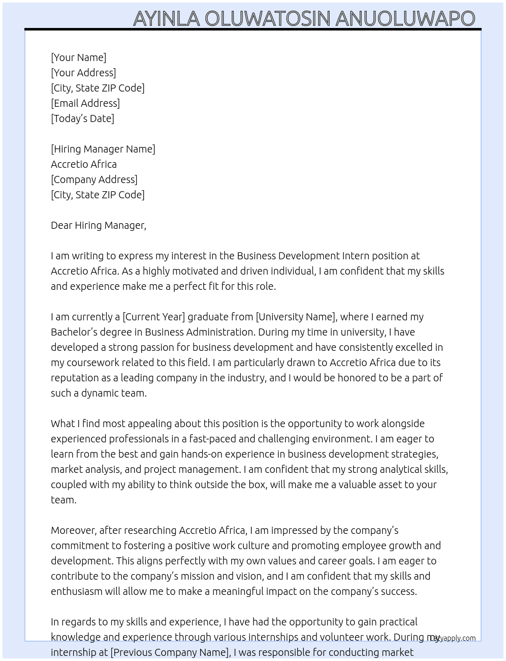 Business Development Intern  At Accretio Africa  Cover Letter