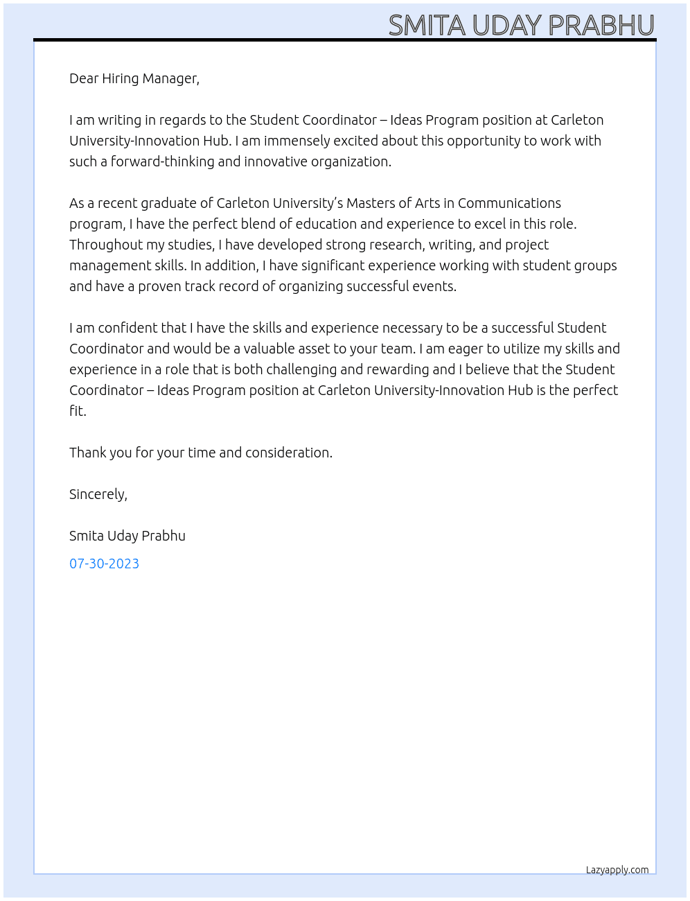 Student Coordinator – Ideas Program  At Carleton University-Innovation Hub Cover Letter