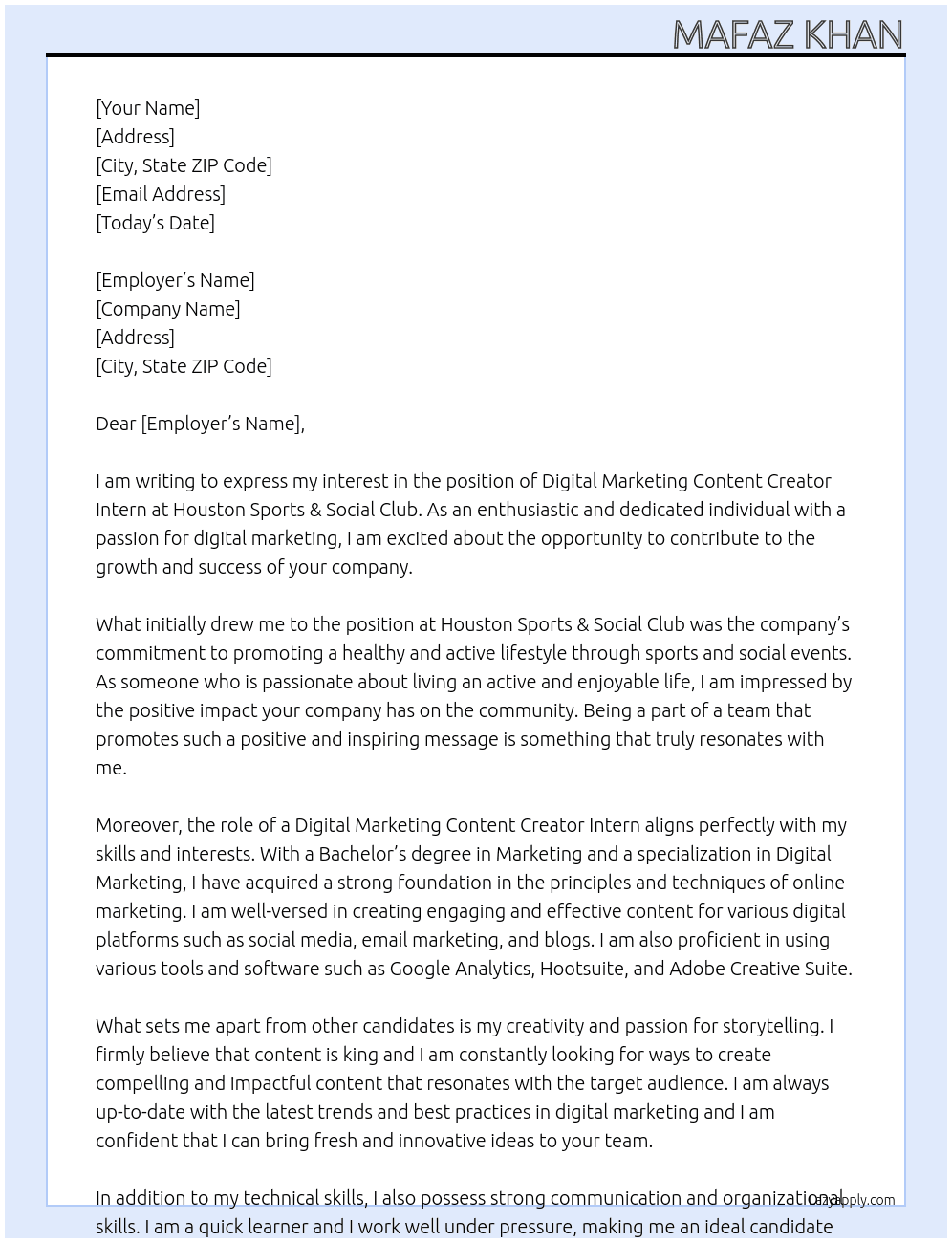  Digital Marketing Content Creator Intern At Houston Sports & Social Club Cover Letter