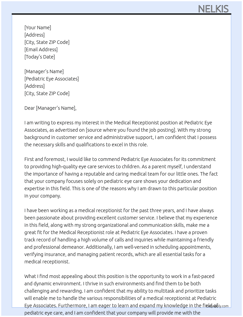 Medical Receptionist At pediatric Eye Associates Cover Letter