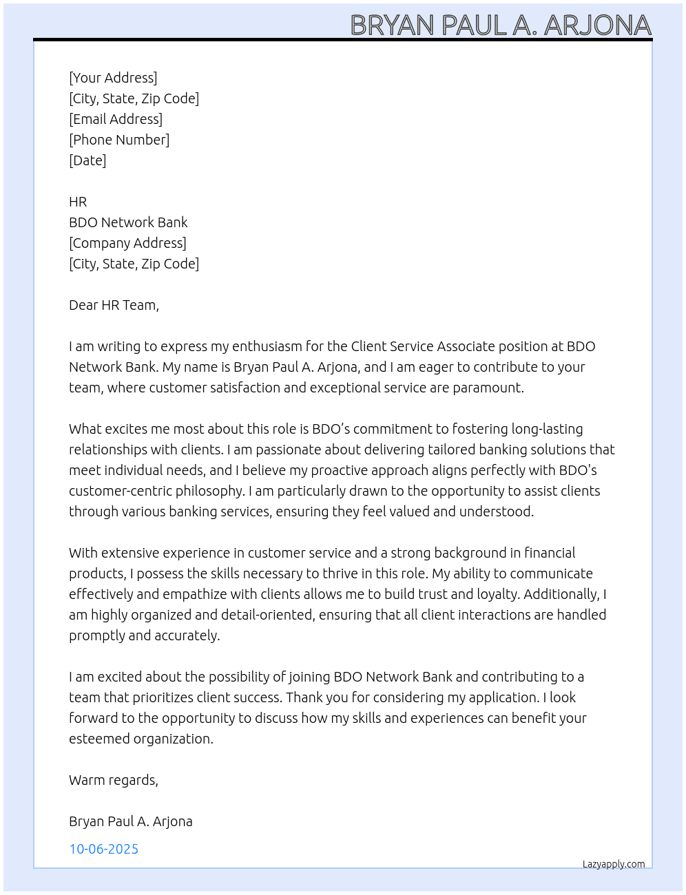 Client Service Associate  At BDO network bank Cover Letter