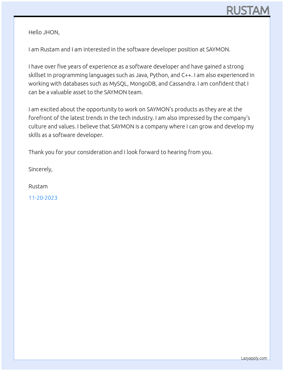 software developer At SAYMON Cover Letter