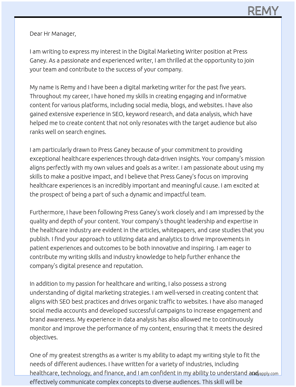 Digital Marketing Writer At Press Ganey  Cover Letter