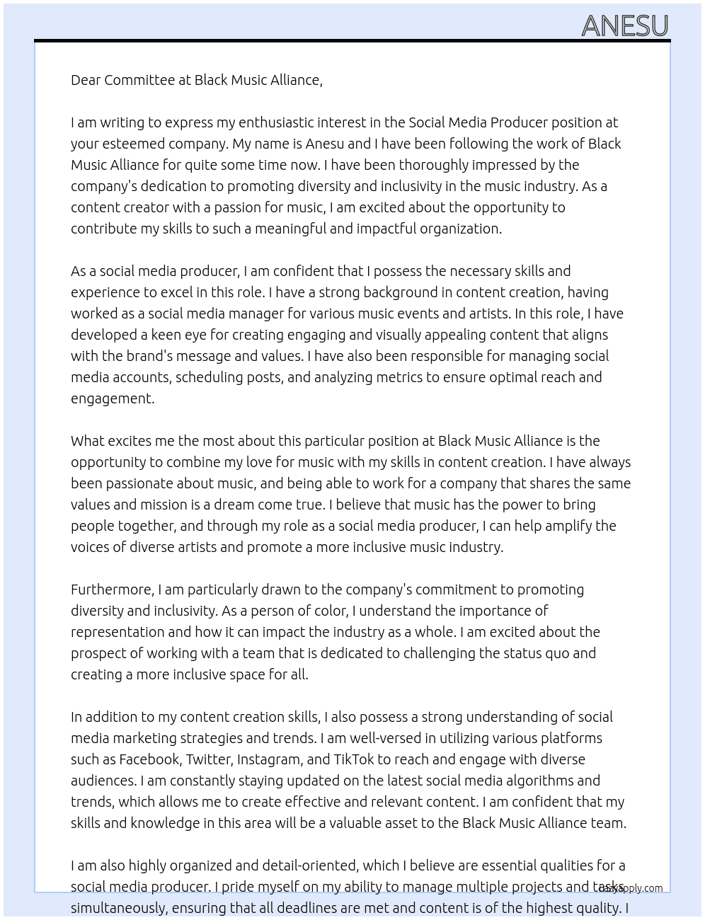 social media producer At Black Music Alliance Cover Letter