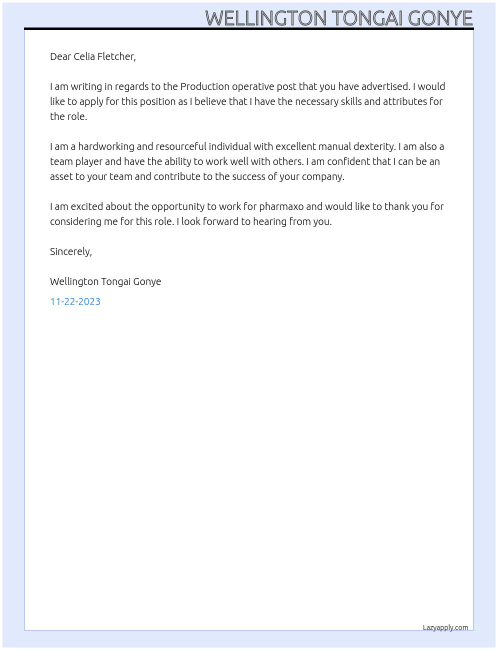 Production operative post At pharmaxo Cover Letter