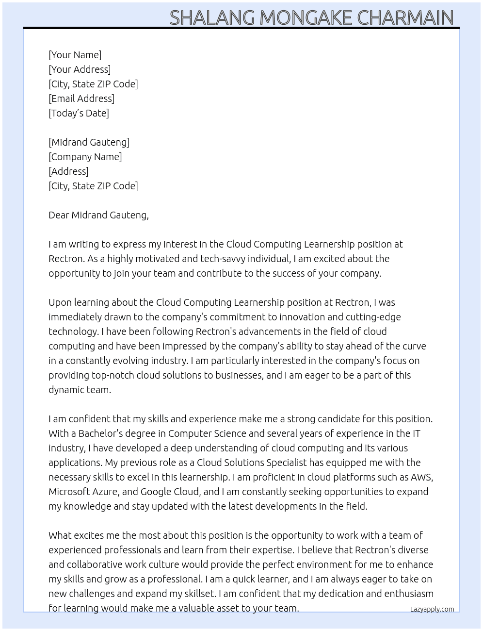 Cover letter for cloud computing learnership - LazyApply