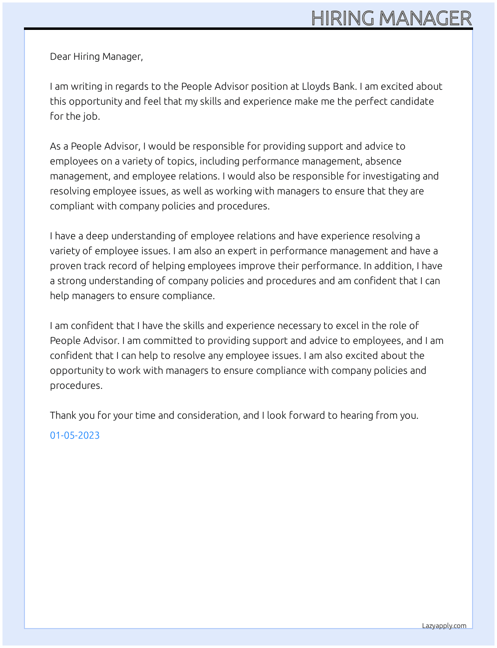 People Advisor At Lloyds Bank Cover Letter