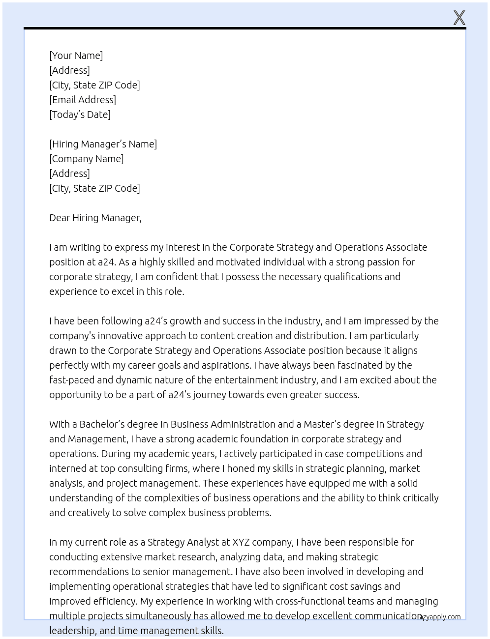 Corporate Strategy and Operations Associate At a24 Cover Letter