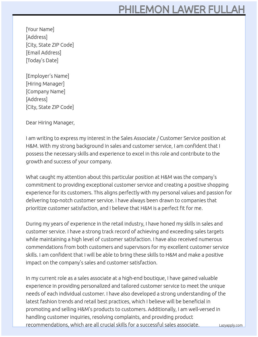 Sales associate / customer service At H & M Cover Letter
