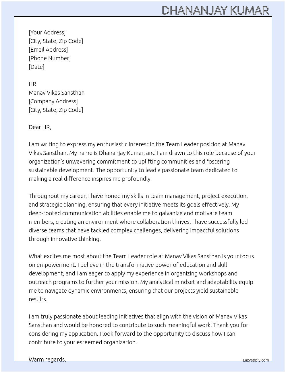 Team Leader  At Manav Vikas Sansthan Cover Letter