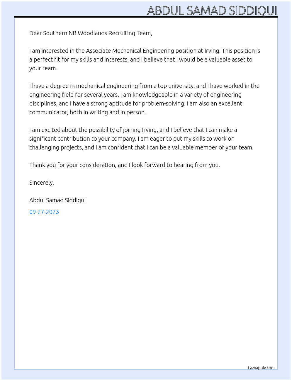 Associate Mechanical engineering At Irving Cover Letter