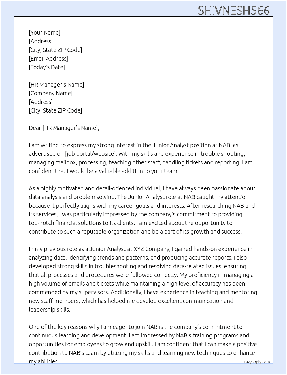 Junior Analyst  At NAB Cover Letter
