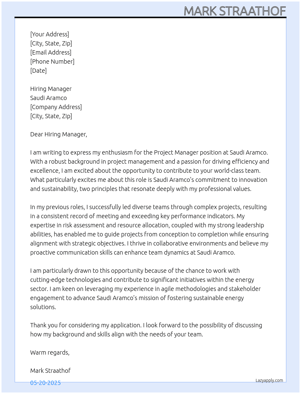Project Manager At Saudi Aramco Cover Letter