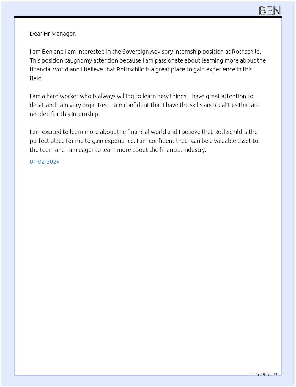 Sovereign Advisory Internship  At Rothschild Cover Letter