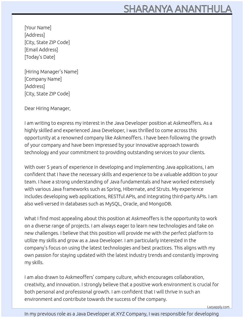 Java Developer At Askmeoffers Cover Letter