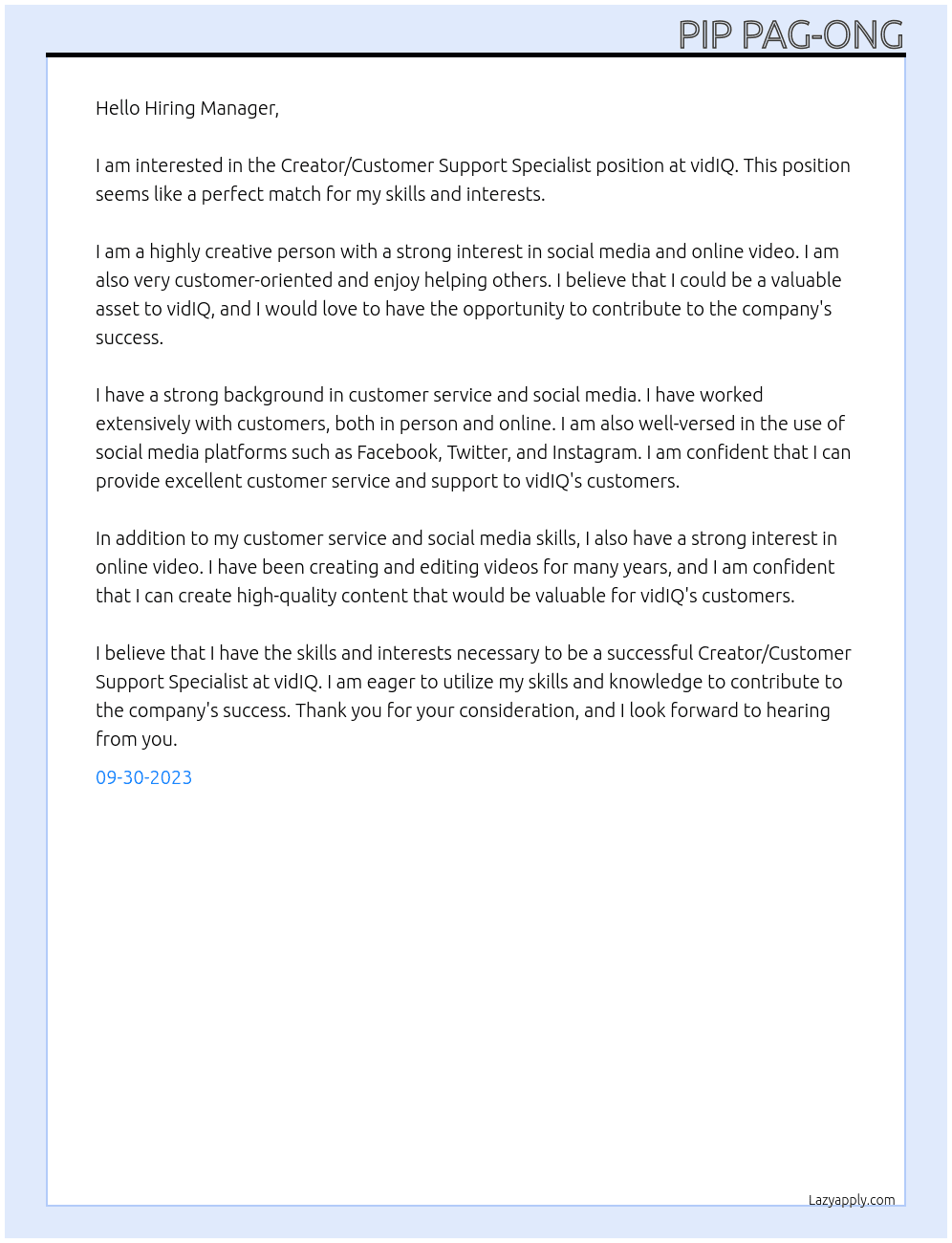 Creator/Customer Support Specialist At vidIQ Cover Letter
