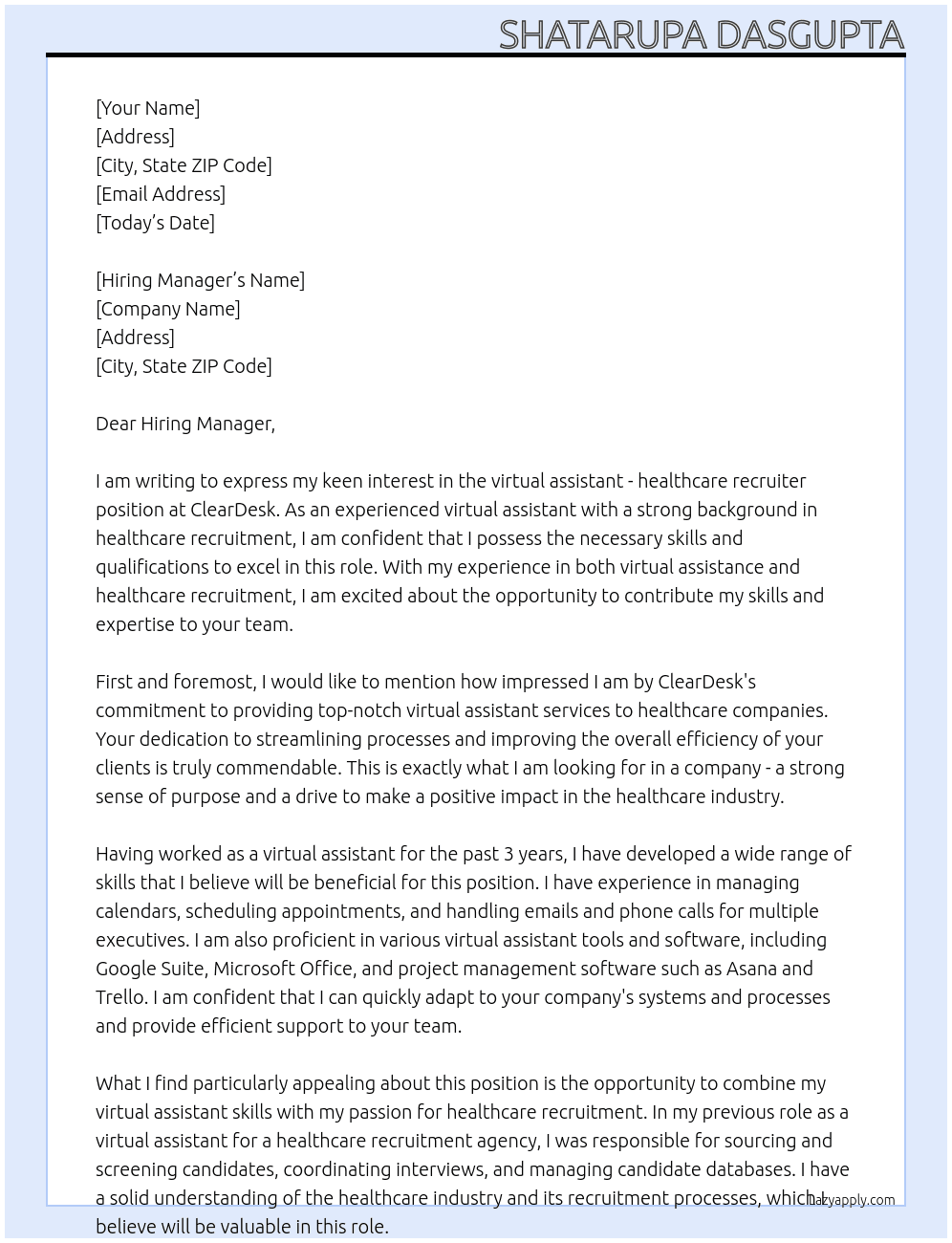 Virtual Assistant - Healthcare Recruiter (Remote) At ClearDesk Cover Letter
