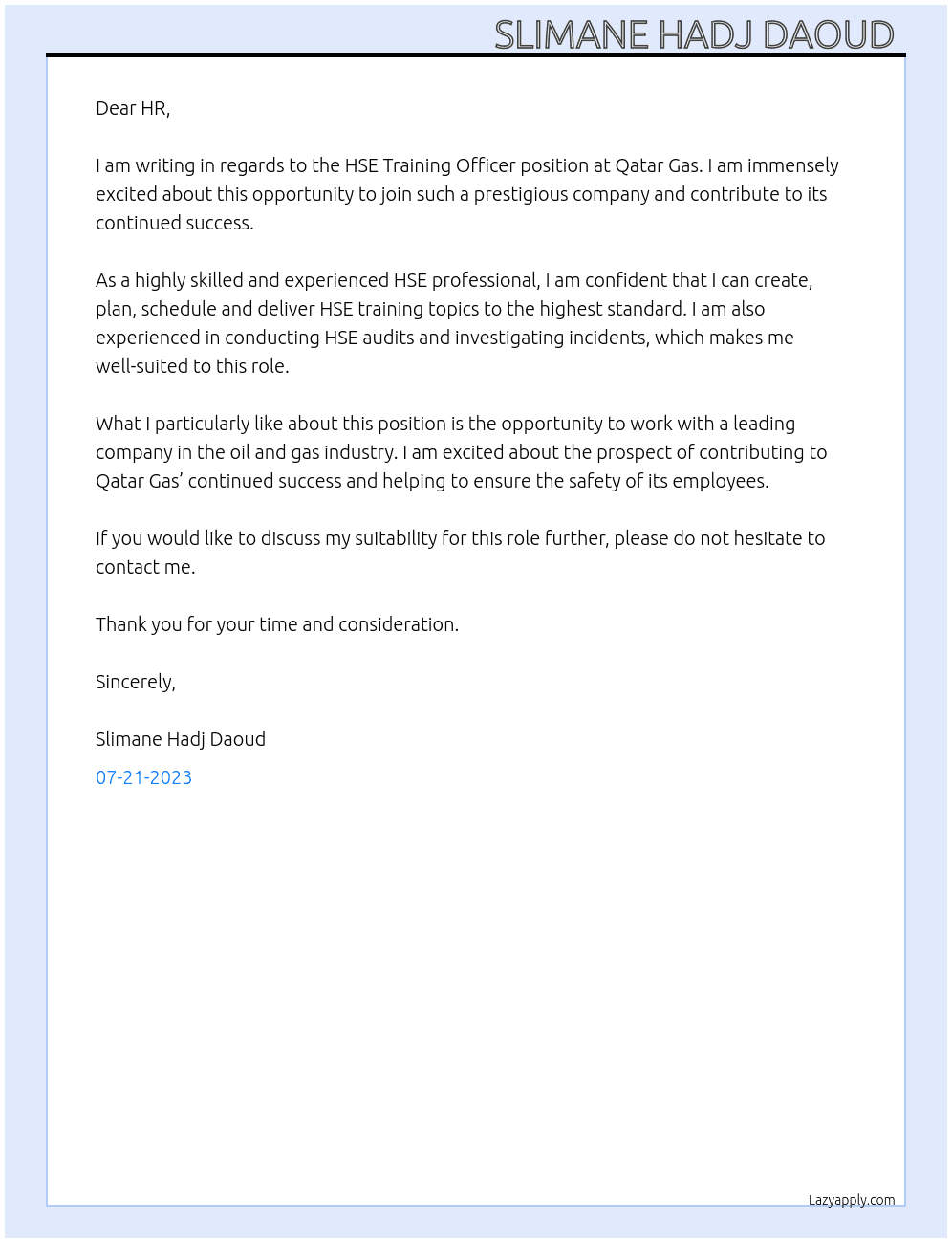 HSE Training Officer  At QATAR GAS  Cover Letter