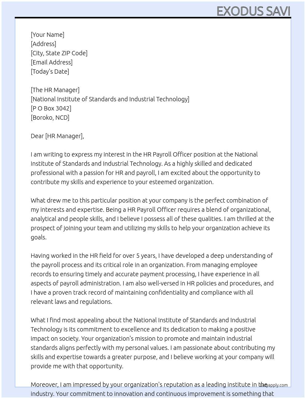 HR Payroll Officer At NATIONAL INSTITUTE OF STANDARDS & INDUSTRIAL TECHNOLOGY Cover Letter