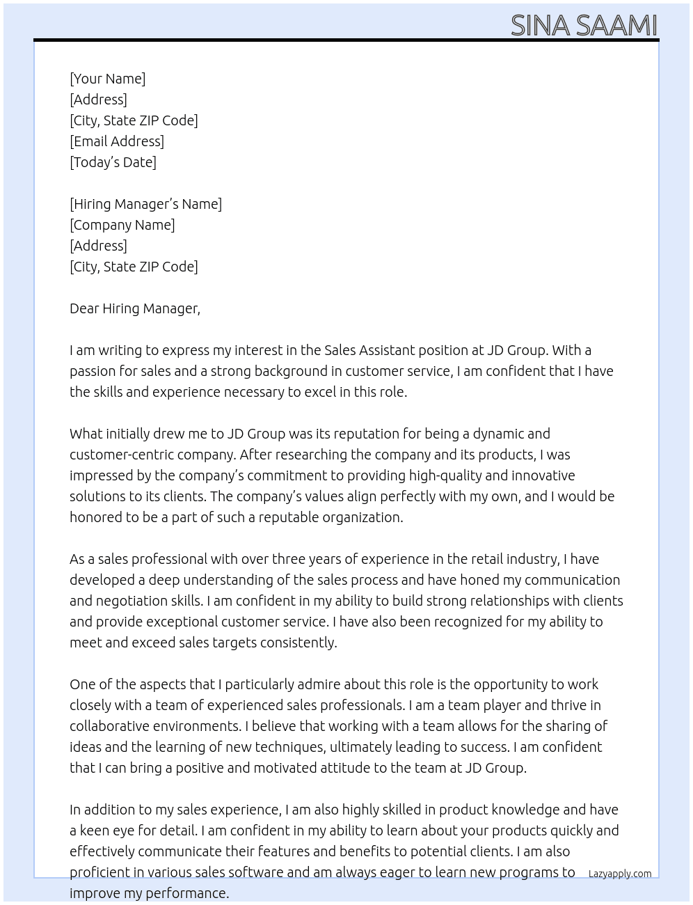 sales assistant  At JD Group Cover Letter