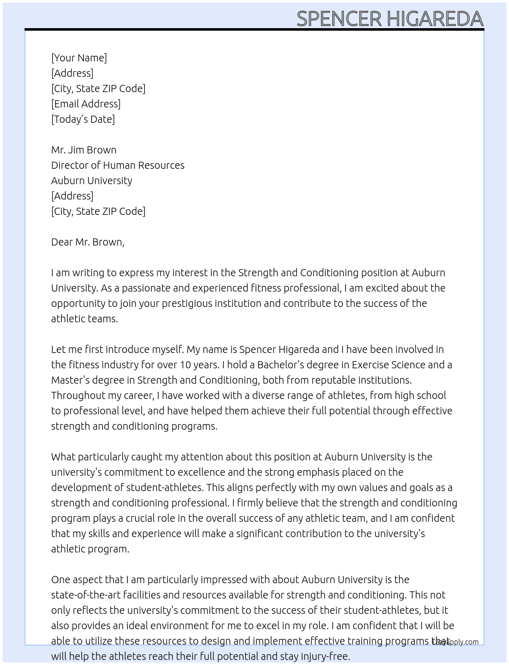 Strength and Conditioning At Auburn University  Cover Letter
