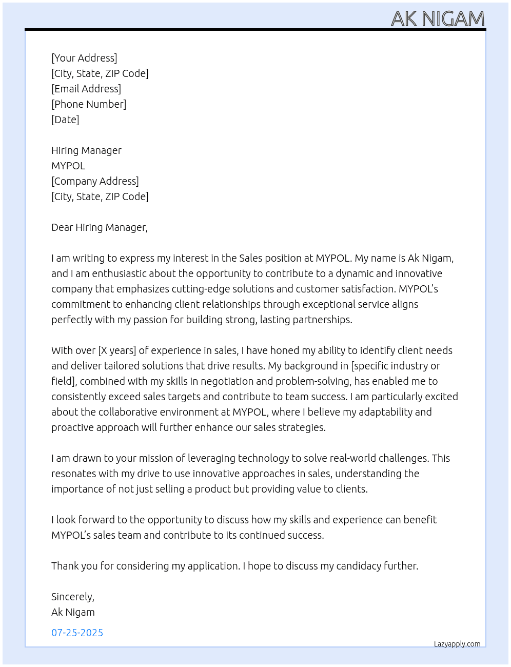 sales At MYPOL Cover Letter