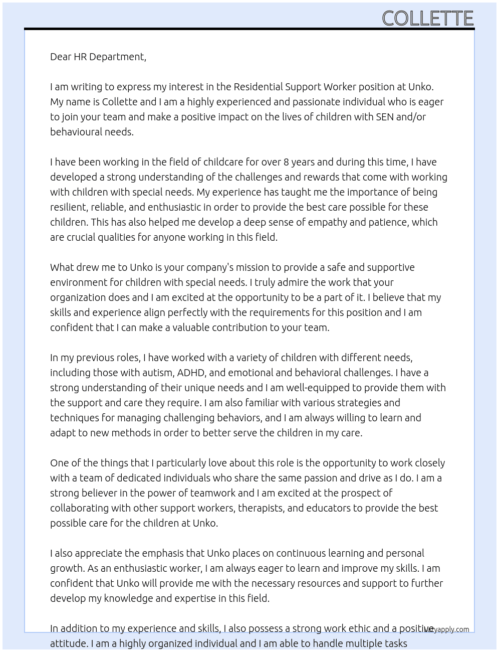 Residential Support Worker At Unko Cover Letter