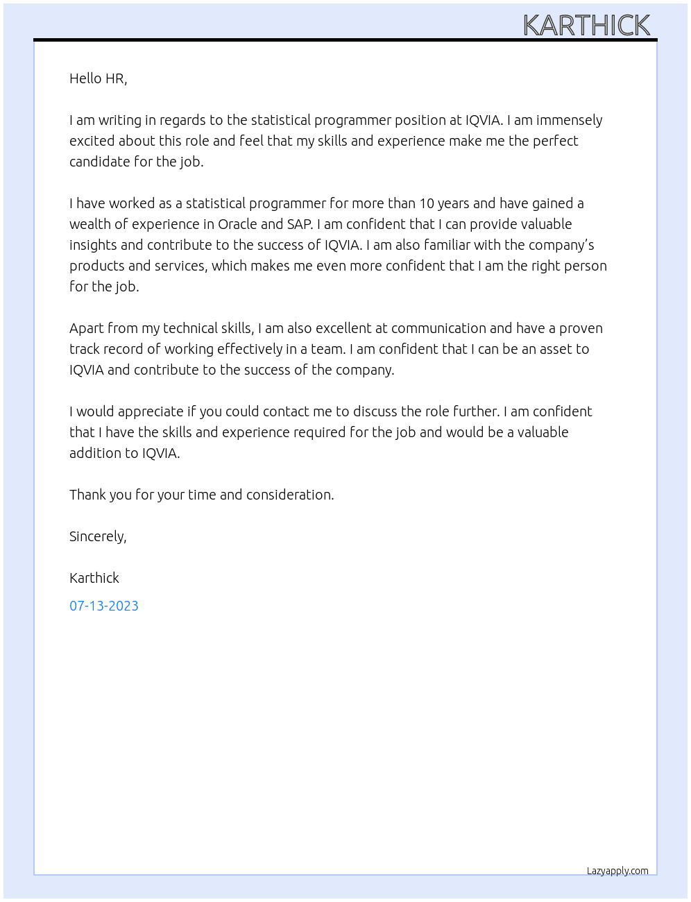 statistical programmer At IQVIA Cover Letter
