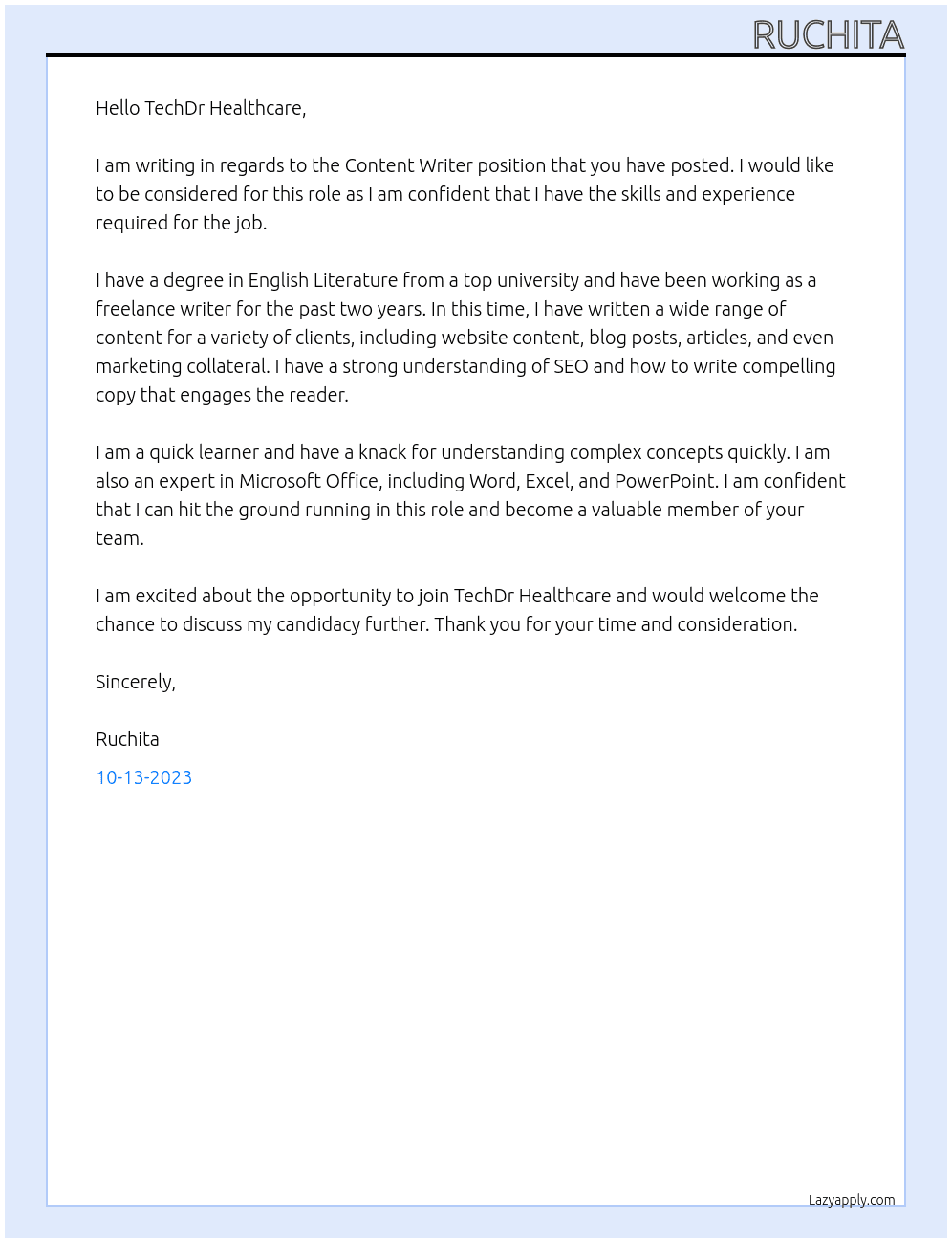 Content Writer At TechDr Healthcare Cover Letter