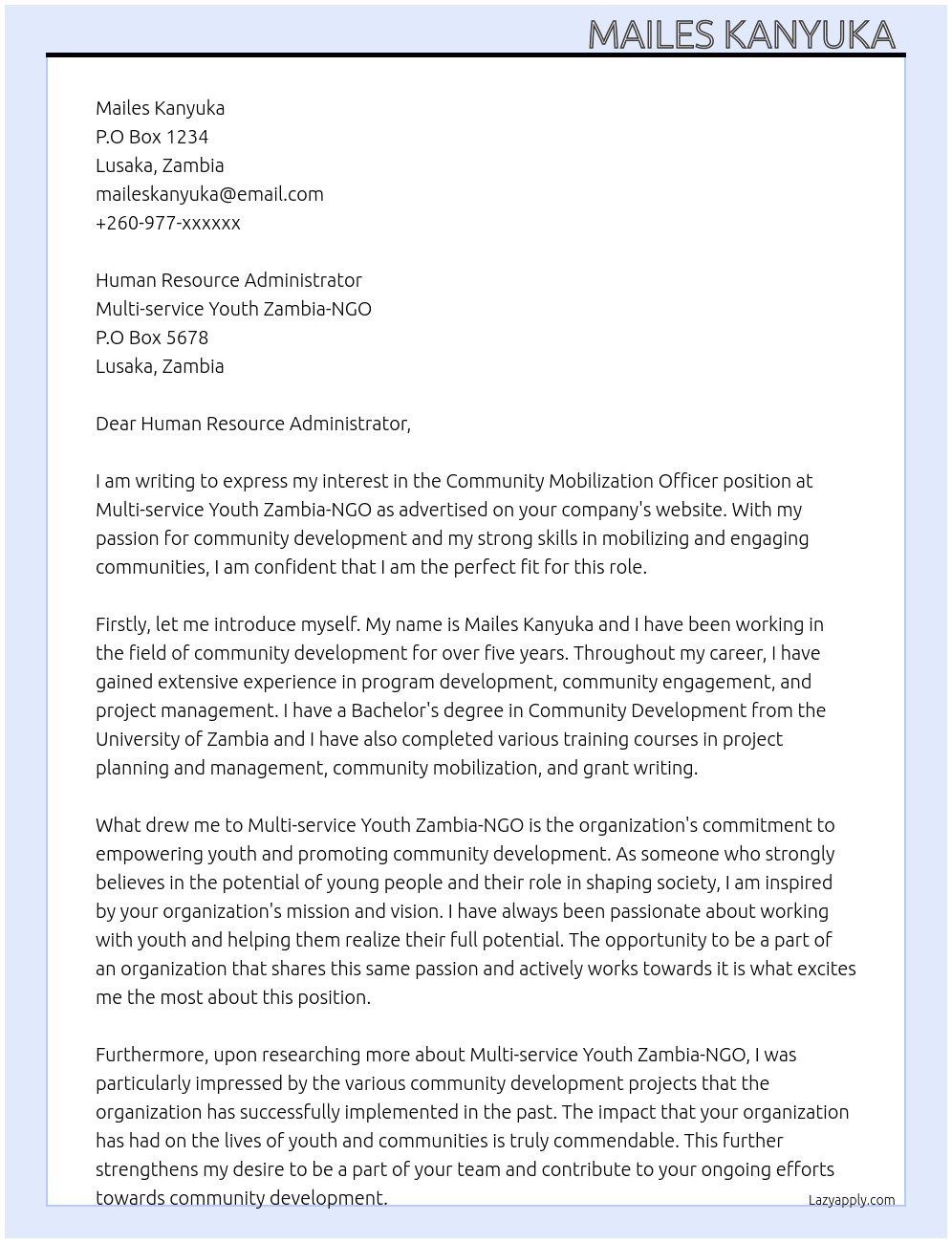 Community mobilization officer At Multi-service youth Zambia-NGO Cover Letter