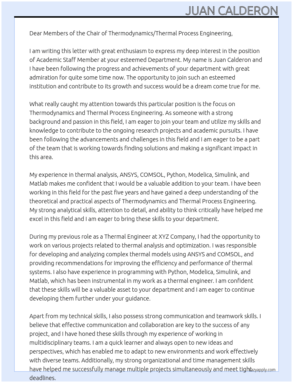 Academic Staff Member At r Department of Thermodynamics/ Thermal Process Engineering Cover Letter
