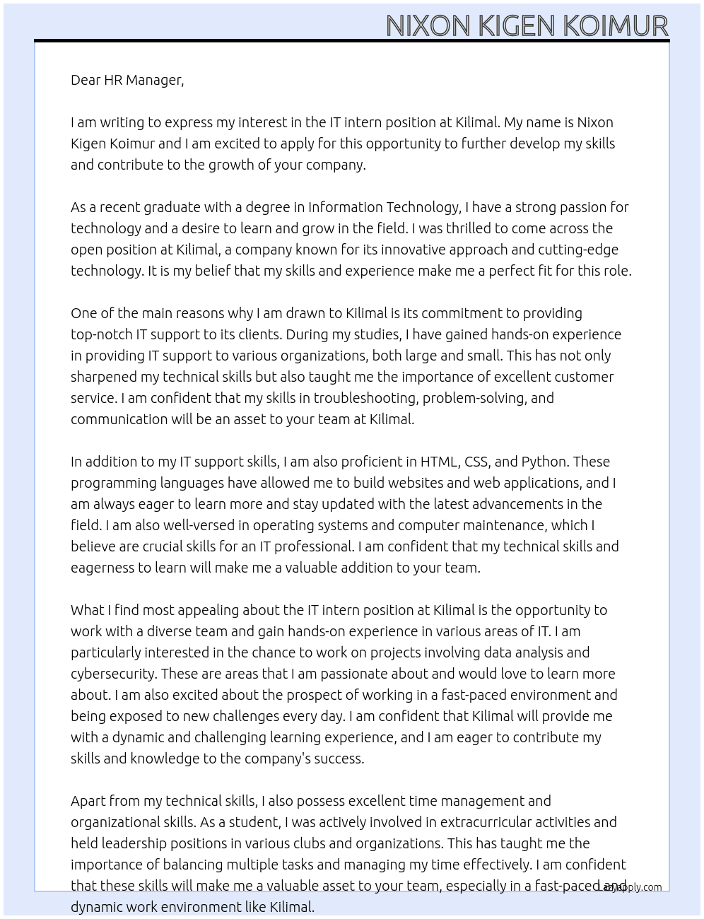 IT inter At kilimal Cover Letter