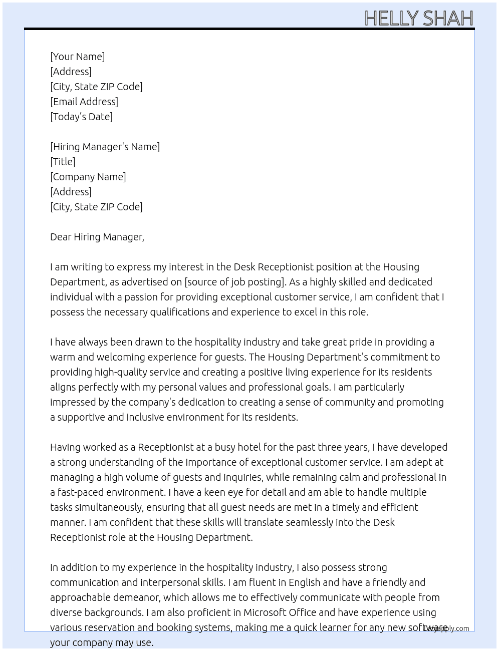 Desk Receiptionist At Housing Department Cover Letter