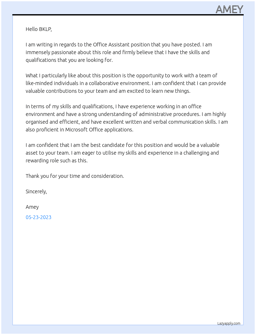 OFFICE ASSISTANT At BKLP Cover Letter